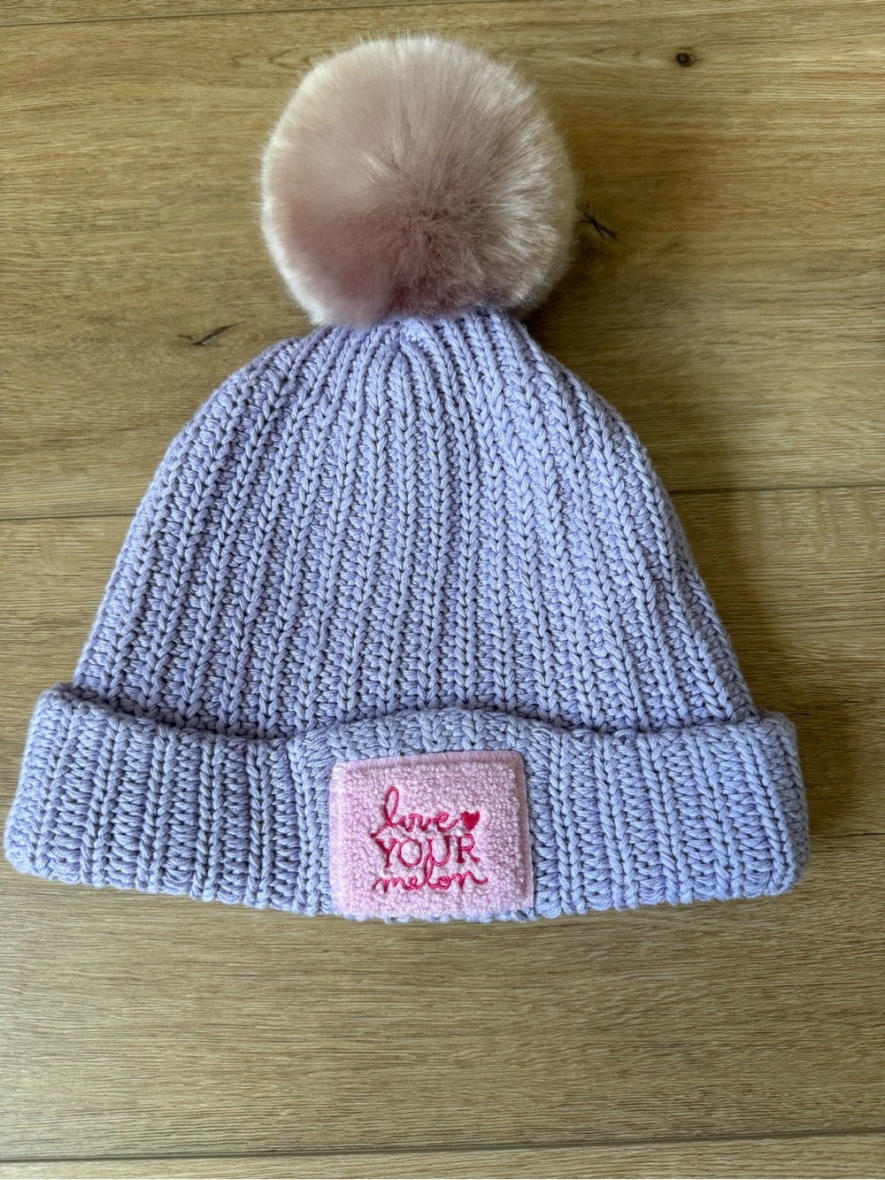 Love Your Melon Lavender Knit Beanie with Pink Pom & Patch